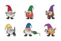 Cheerful little garden gnomes, dwarfs, old men, gardeners in cartoon style. Royalty Free Stock Photo