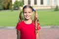 Cheerful little girl adorable ponytails hairstyle outdoors, good mood concept Royalty Free Stock Photo