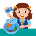 Cheerful little girl feed a fish in a glass aquarium. Pet care concept. Illustration vector Royalty Free Stock Photo