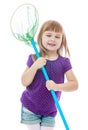Cheerful little girl holding a butterfly net for Royalty Free Stock Photo