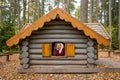 The cheerful girl looks out the window of a wooden log house and talks on a smartphone Royalty Free Stock Photo
