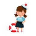 Cheerful Little Girl in Mariner Striped Vest and Peakless Hat Holding Life Ring Vector Illustration Royalty Free Stock Photo