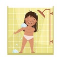 Cheerful little girl taking shower washing with soap. Happy kid doing everyday hygiene activities cartoon vector