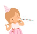 Cheerful Little Girl Wearing Birthday Hat Blowing Whistle Vector Illustration Royalty Free Stock Photo