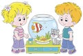 Small children with an aquarium fish and a kitten