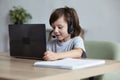 Cheerful little preschool-aged boy kid has fun interacting and chatting on video call with friends