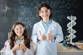 Cheerful little researchers enjoying science class at school