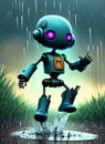 a cheerful little robot jumping in a puddle