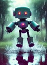 a cheerful little robot jumping in a puddle