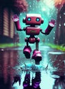 a cheerful little robot jumping in a puddle