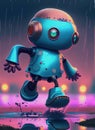 a cheerful little robot jumping in a puddle