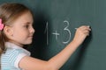 Cheerful little schoolgirl writing o