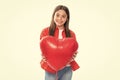 Cheerful lovely romantic teen girl hold red heart symbol of love for valentines day isolated on white background Royalty Free Stock Photo