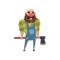Cheerful lumberjack holding ax behind his back. Cartoon bald man with big beard. Woodcutter in green checkered shirt and Royalty Free Stock Photo