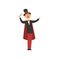 Cheerful magician holding magic wand. Cartoon male character in elegant tuxedo with red cape and cylinder hat. Circus