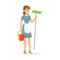 Cheerful maid character wearing uniform standing with bucket and mop, cleaning service of hotel vector Illustration