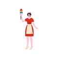Cheerful Maid Standing with Dust Brush, Hotel Staff Character in Red Uniform Vector Illustration