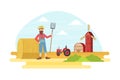 Cheerful Male Farmer with Pitchfork at Summer Rural Landscape, Agricultural Worker Working at Farm Vector illustration