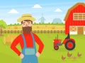 Cheerful Male Farmer at Summer Rural Landscape, Agricultural Worker Working at Farm Vector illustration