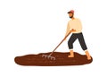 Cheerful male farmer work with field use rake vector flat illustration. Smiling agricultural worker cultivated seedbed