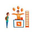 Cheerful male promoter character promoting advertisement on a promo stand with balloons, client visiting a trade fair or