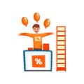 Cheerful male promoter character promoting advertisement on a promo stand with balloons vector Illustration on a white