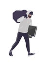 Cheerful male thief wearing mask, cap and hoodie carrying bag and TV. Bearded man commits theft, burglary or