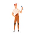 Cheerful Male Worker with Ppe Wrench in his Hand, Plumber Character in Overalls and Cap Vector Illustration on White