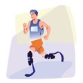 Cheerful man with artificial legs running marathon. Young guy with physical disabilities. Active lifestyle. Flat vector design