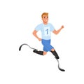 Cheerful man with artificial legs running marathon. Young guy with physical disabilities. Active lifestyle. Flat vector