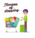 Cheerful man with bags and purchases in shopping cart. Smiling male character having pleasure of buy