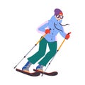 Cheerful Man Character Skiing at Mountain Ski Resort in Winter Season Vector Illustration