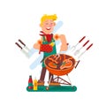 Cheerful man cooking steak on the barbecue grill outdoor. Square layout. Vector flat design illustration.