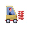 Cheerful man driving loading machine with milk boxes. Dairy products theme. Isolated flat vector design Royalty Free Stock Photo