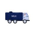 Cheerful man driving truck with milk tank. Vehicle with big blue cistern. Isolated flat vector design