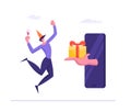 Cheerful Man in Festive Hat Holding Champagne Glass Jumping and Rejoice for Getting Gift from Mobile Phone Screen