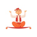 Cheerful man flying on magic carpet. Magician showing levitating trick. Cartoon male character in colorful costume with
