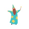 Cheerful man with long beard in blue wizard costume with stars and cone hat. Cartoon male with magical wand in hand