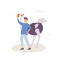 Cheerful man making selfie near cute ostrich smiling, having fun in the zoo. Vector flat illustration. Ostrich isolated Royalty Free Stock Photo