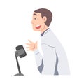 Cheerful Man Recording Audio Podcast with Microphone in Studio Cartoon Style Vector Illustration Royalty Free Stock Photo