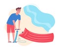 Cheerful man in a T-shirt and shorts inflates a rubber mattress on the beach. Vector illustration in flat style. The