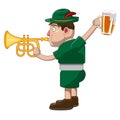 A cheerful man in traditional Bavarian clothing holds a mug of beer and an musical trumpet. Humor caricature. Design element icon