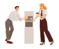 Cheerful Man and Woman Office Worker Pouring Coffee Near Dispenser and Smiling Vector Illustration Royalty Free Stock Photo