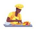 Cheerful man working, preparing fruit salad Royalty Free Stock Photo