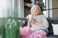 Cheerful mature lady sitting on sofa with cup of tea Royalty Free Stock Photo