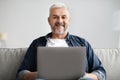 Cheerful mature man using laptop while resting on sofa Royalty Free Stock Photo