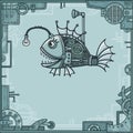 Cheerful mechanical fish. Background - a frame from metal details, the iron mechanism.