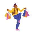 Cheerful merry man with shop bags in hands, flat vector illustration isolated.