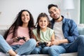 Cheerful Middle Eastern Family With Little Daughter Playing Video Games At Home Royalty Free Stock Photo