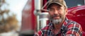 Cheerful Middleaged Truck Driver Poses Next To His Truck In America